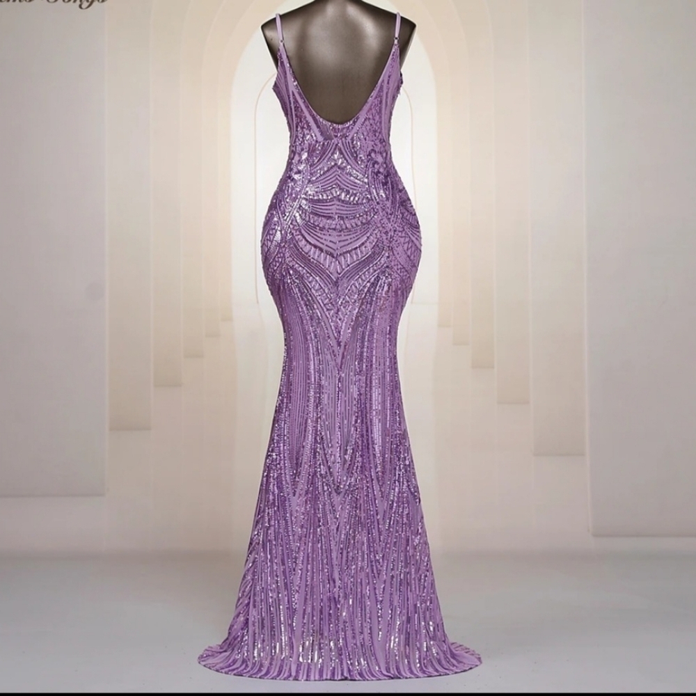 Purple, Geo Print,  Sleeveless,  Beaded Draped Back,  Sequined Mermaid G… - Picture 8 of 13